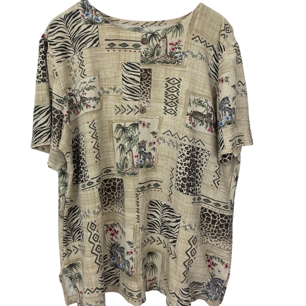 Safari Patchwork Top Women XL Tan Animal Print Zebra‎ Giraffe Preppy
